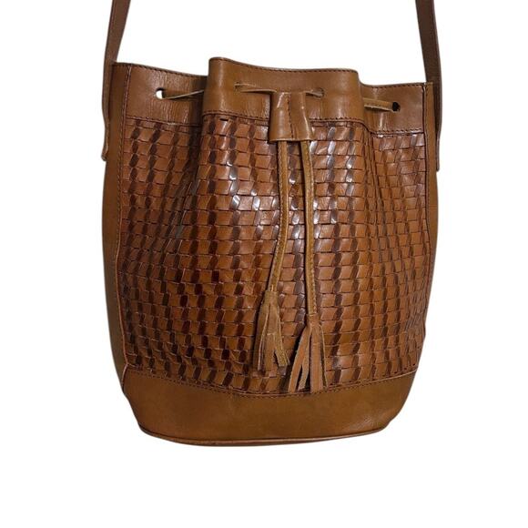 Unisa Vintage Woven Leather Bucket Bag Tan Drawstring Crossbody Made in Brazil - Picture 1 of 9